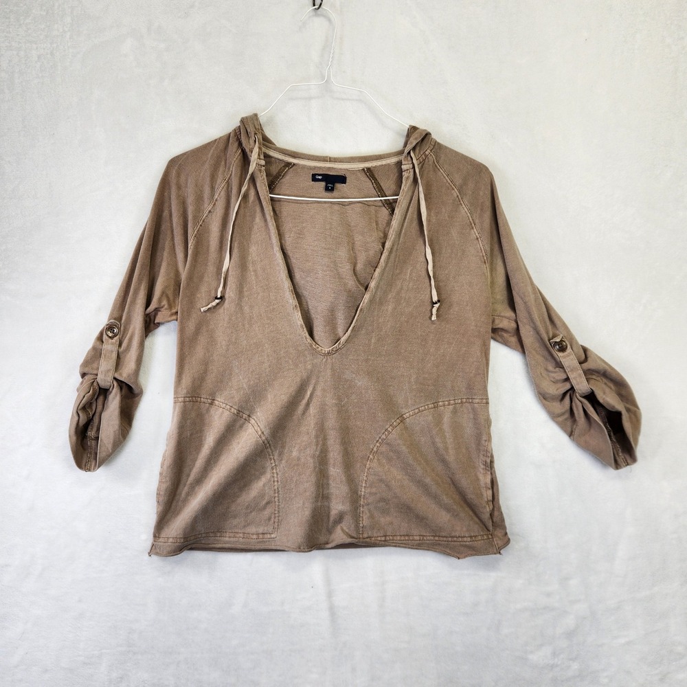 Gap Women‎ Tan Washed Hooded Pullover Roll Tab Sleeve Shirt Size S